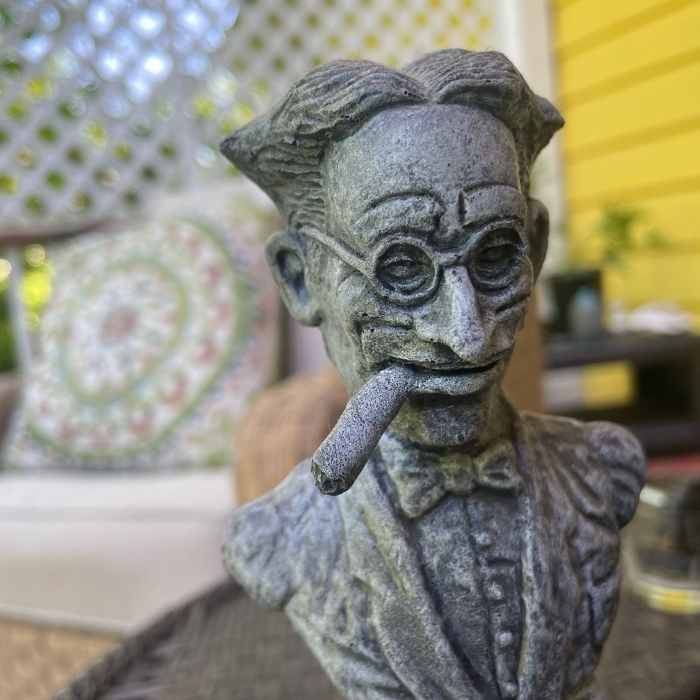 Crouching Paper/photo holder  Gray soft Sculpture w Cigar. Great Gift